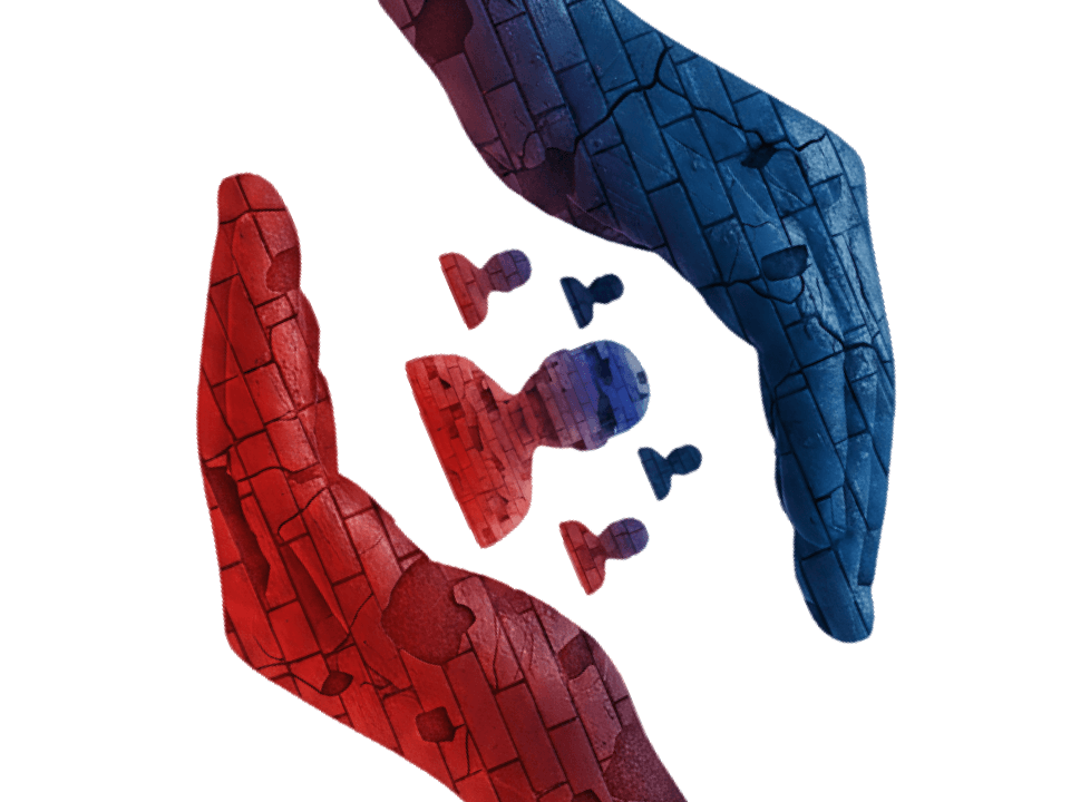 Two hands cradling figures, representing inclusivity and care