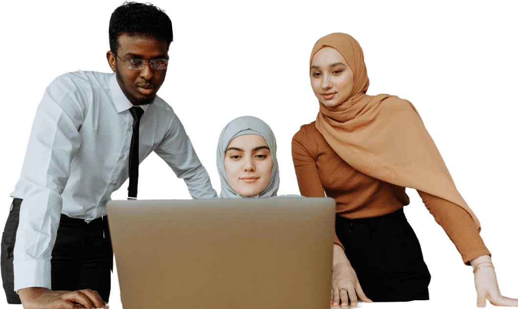 Team collaborating around a laptop